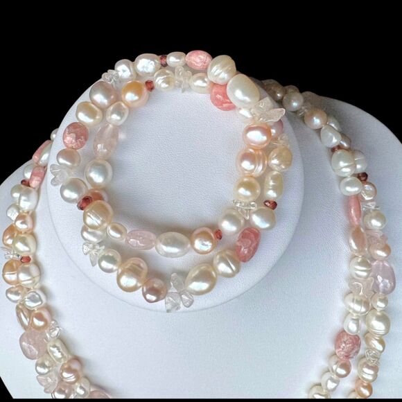 Vintage Honora 40" Pearl & Gemstone Necklace & Bracelet Set Pink Rhodochrosite - Picture 9 of 16